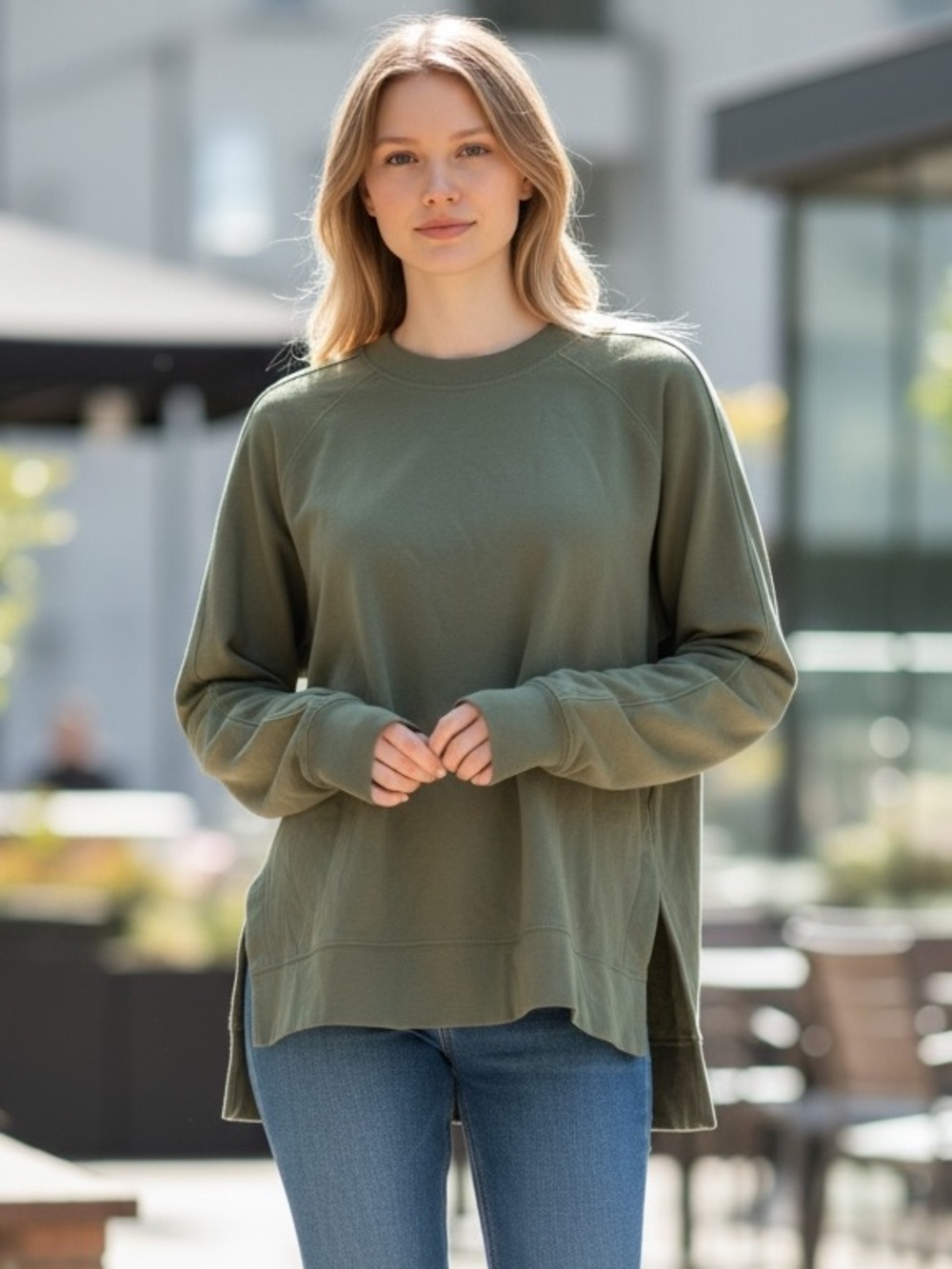 Earth Yoga Sustainable Hunter Green Mock Neck Pullover Sweatshirt Thumbholes M